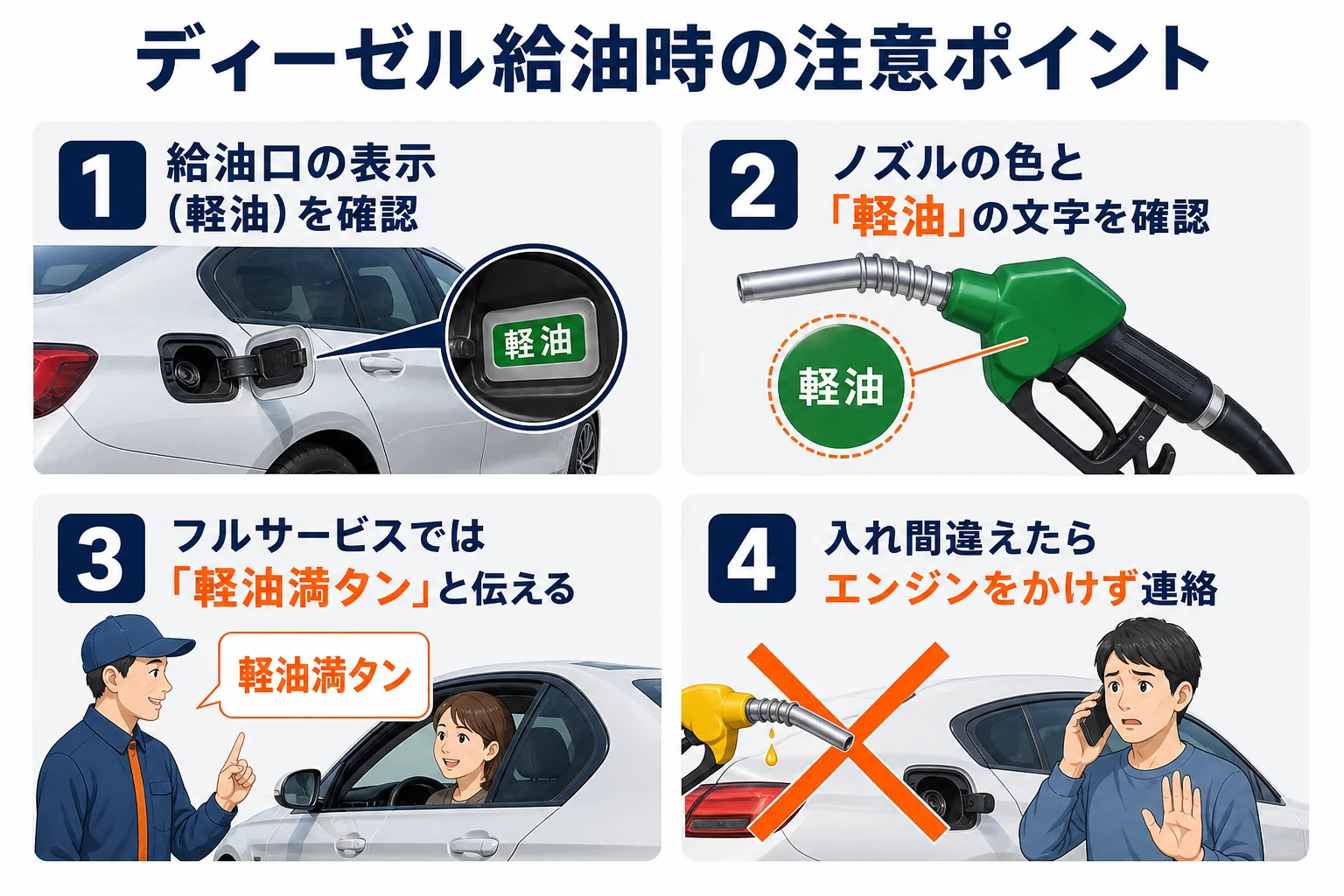 ディーゼル車の給油時に軽油を間違えずに入れるための注意点をまとめた図解