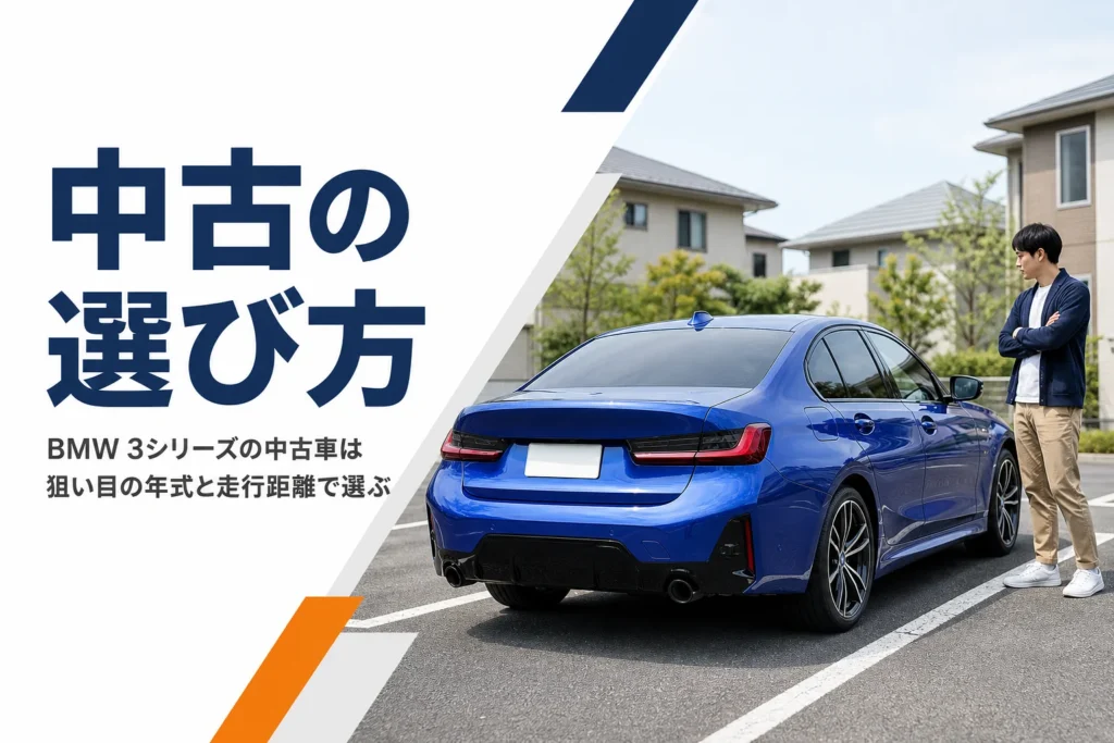 住宅街の駐車場に止めた青いセダン