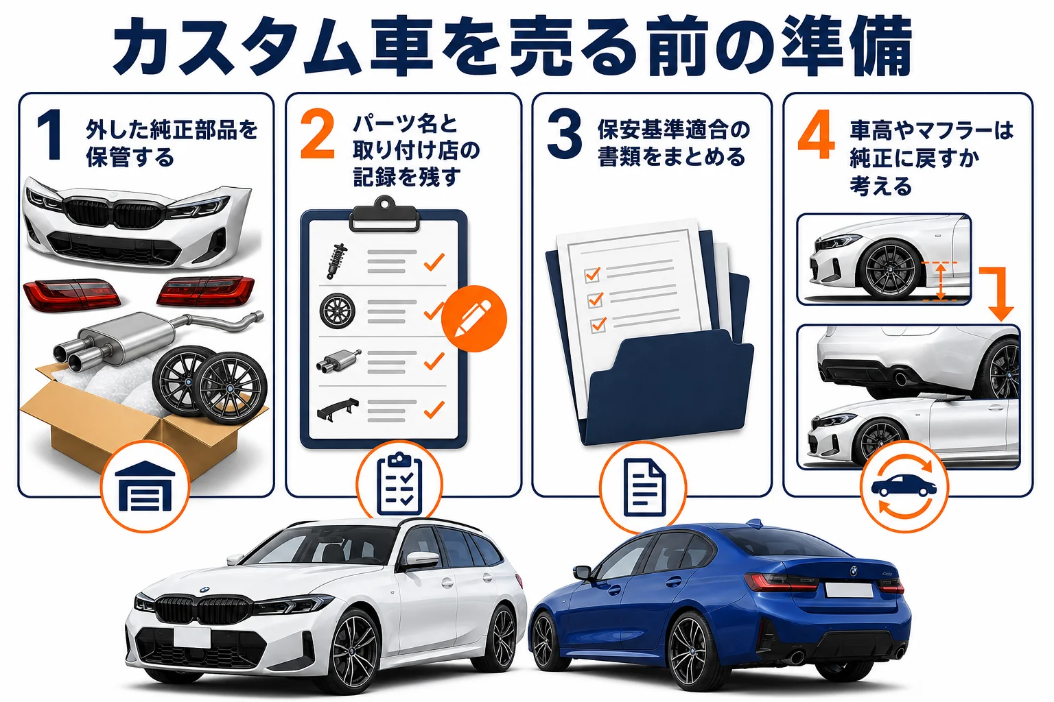 BMW 3シリーズのカスタムを売る時に困らないための準備をまとめた図解