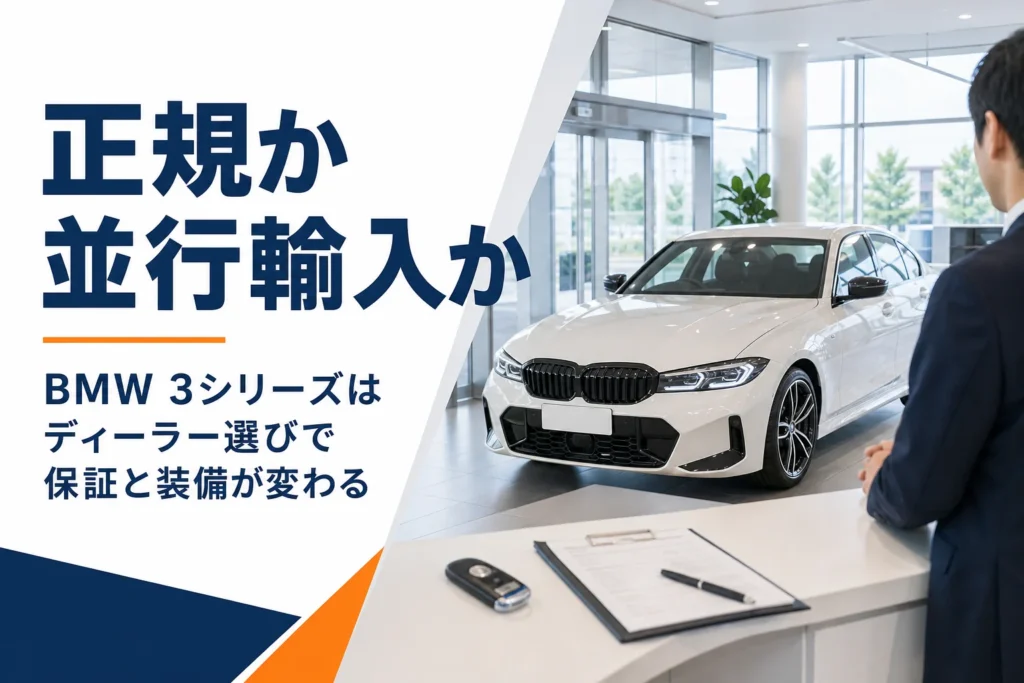 輸入車ショールームに展示された白いセダンと商談カウンター
