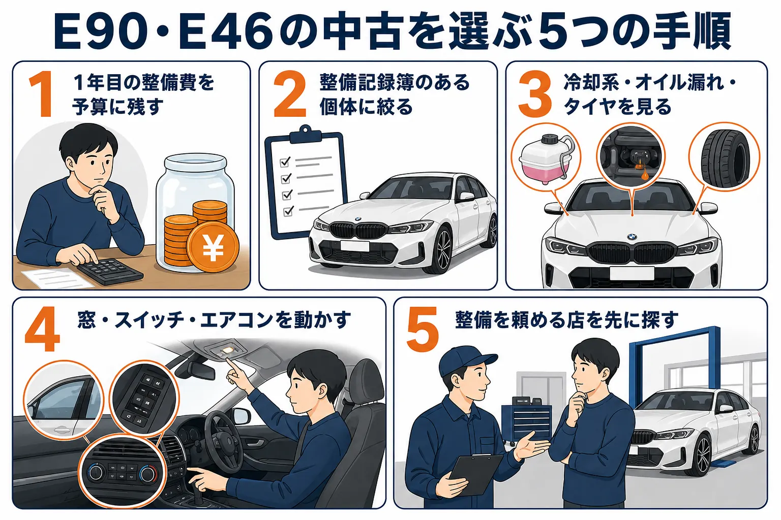 E90・E46の中古を選ぶ手順を並べた図解