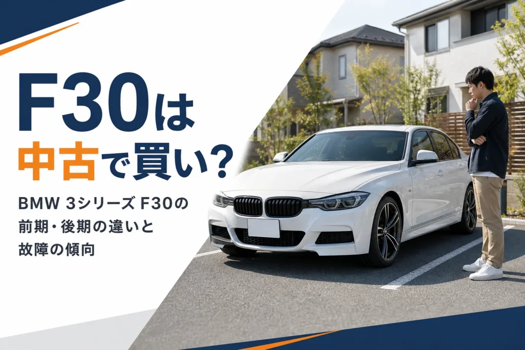 住宅街の駐車場に停まる白いスポーツセダン
