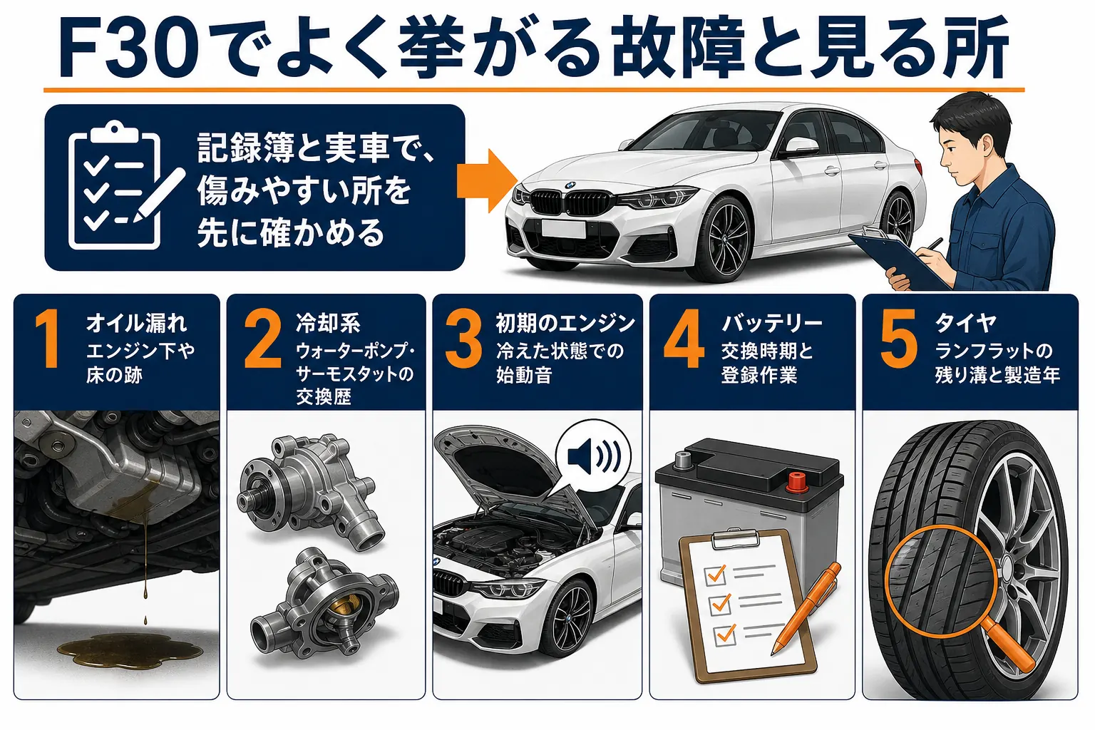 F30でよく挙がる故障の箇所と中古で見る所を並べた図解