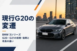 夕方の高架道路を走る濃いグレーのスポーツセダン