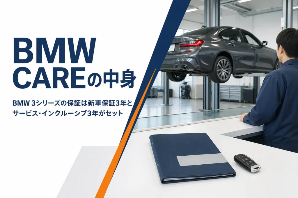 正規ディーラーのサービス工場で点検を受けるセダンと整備記録