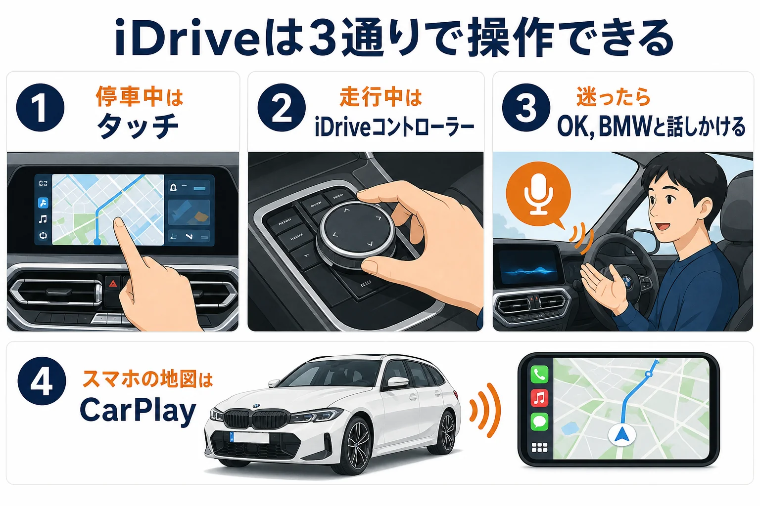 3シリーズのiDriveの操作方法3通りを示した図