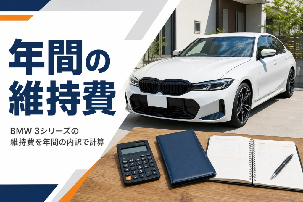 駐車場のセダンと電卓・ノートを写した、3シリーズの維持費記事のアイキャッチ