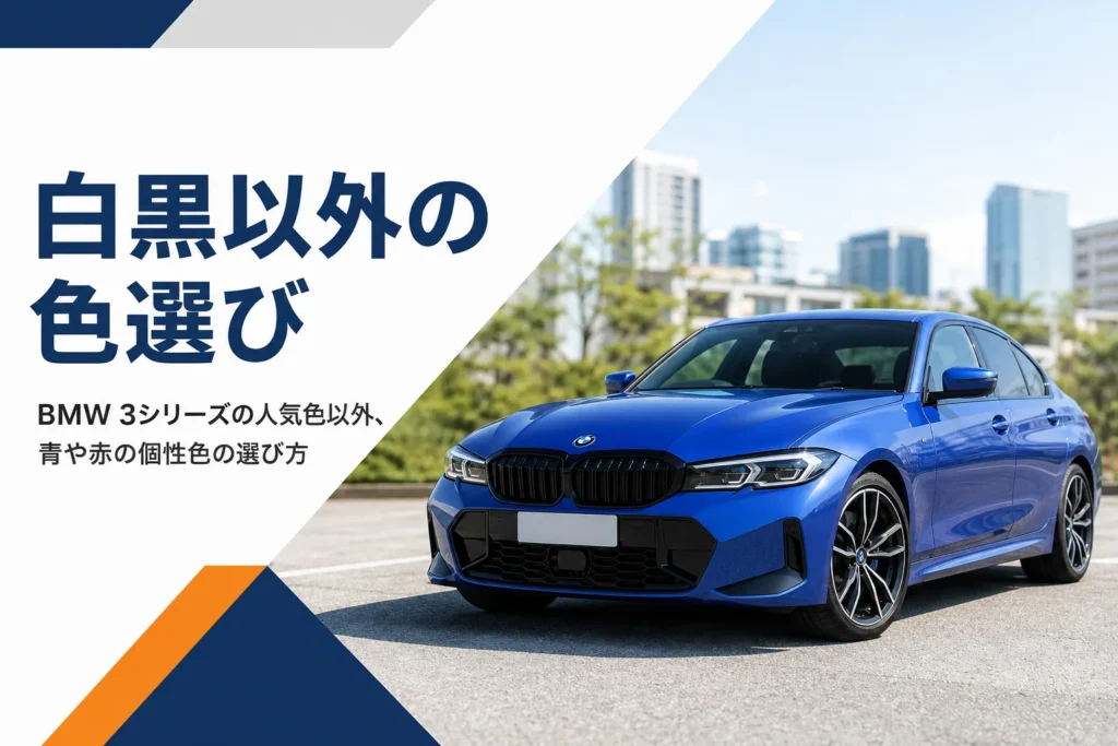 屋外に停めた青いスポーツセダンを写した3シリーズの個性色解説記事のアイキャッチ