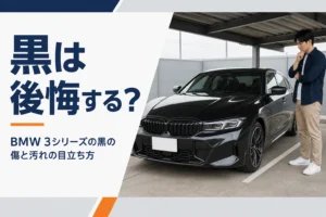 屋根付き駐車場に停めた黒いスポーツセダン