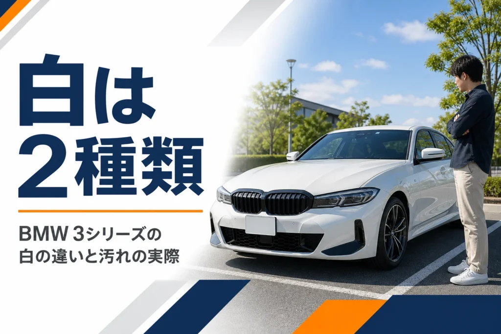 晴れた日の駐車場に停めた白いスポーツセダン