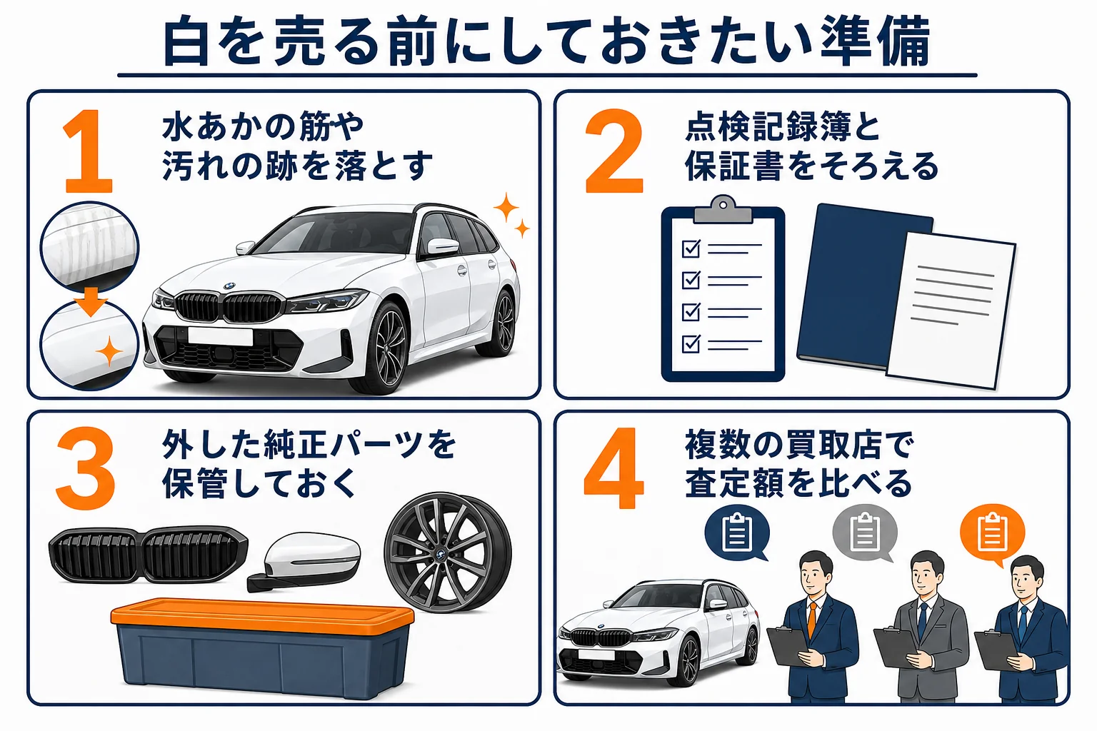 BMW 3シリーズの白を売る前にしておきたい準備の流れを示した図解