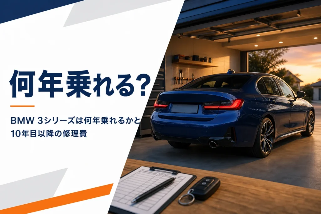 ガレージのセダンと点検記録簿を写した、3シリーズの寿命を解説する記事のアイキャッチ