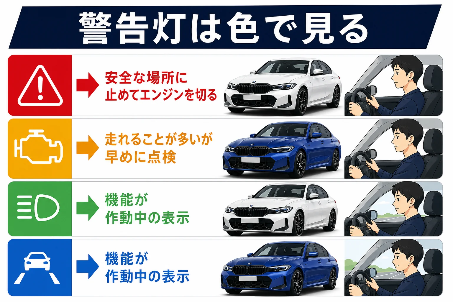 警告灯の色ごとの意味と取るべき行動の図解