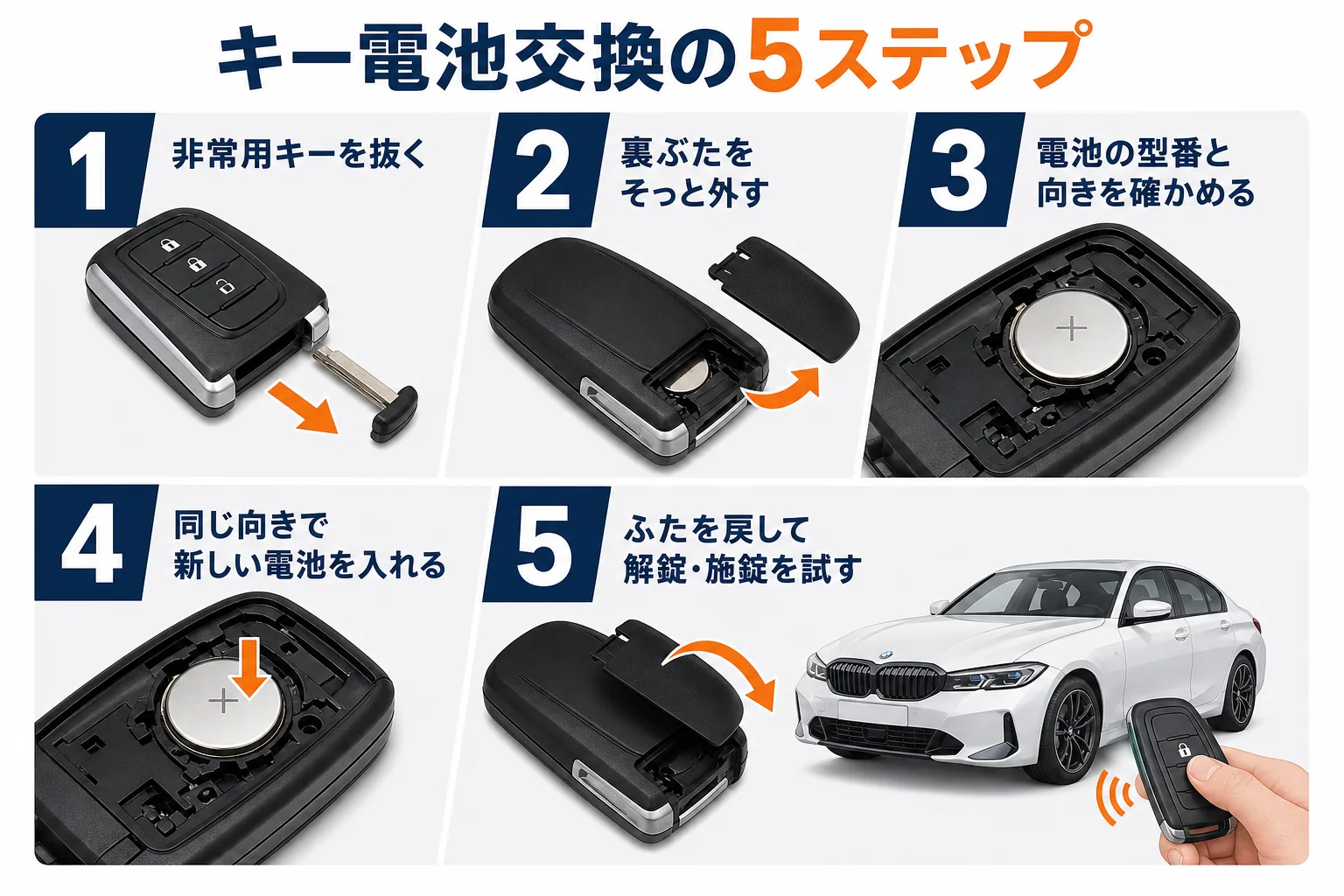 キーの電池交換の手順を5つの段階で並べた図解