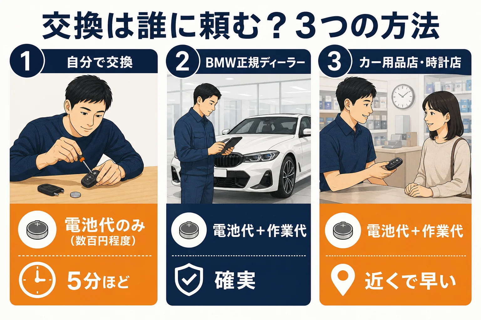 キー電池交換を自分・ディーラー・カー用品店で比べた図解