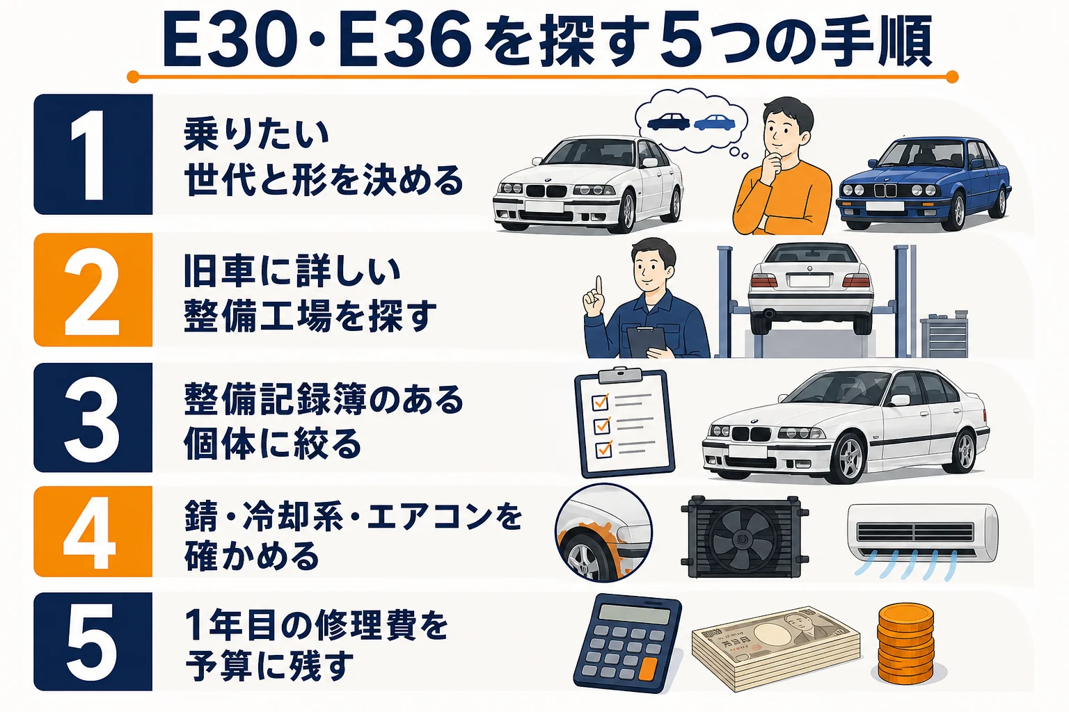 E30・E36の旧車を探す手順を並べた図解