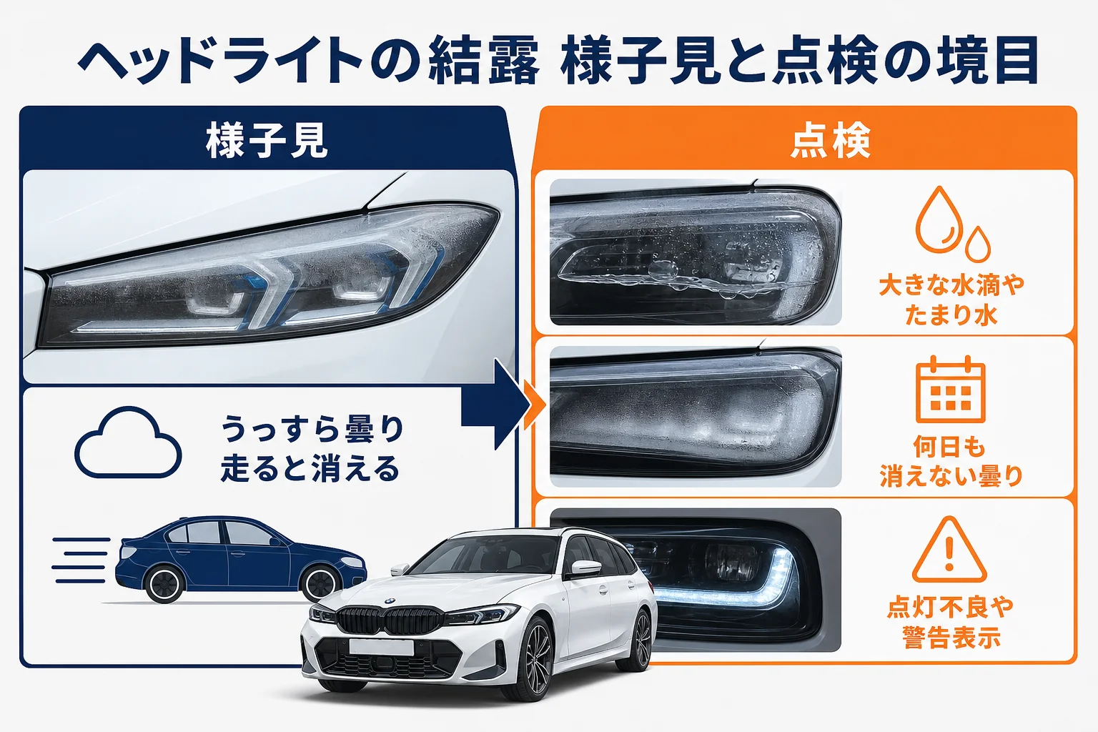 ヘッドライトの結露で様子見してよい状態と点検に出す状態の図解