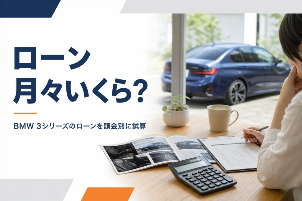 電卓と見積書でセダンのローンの月々を計算している様子のアイキャッチ