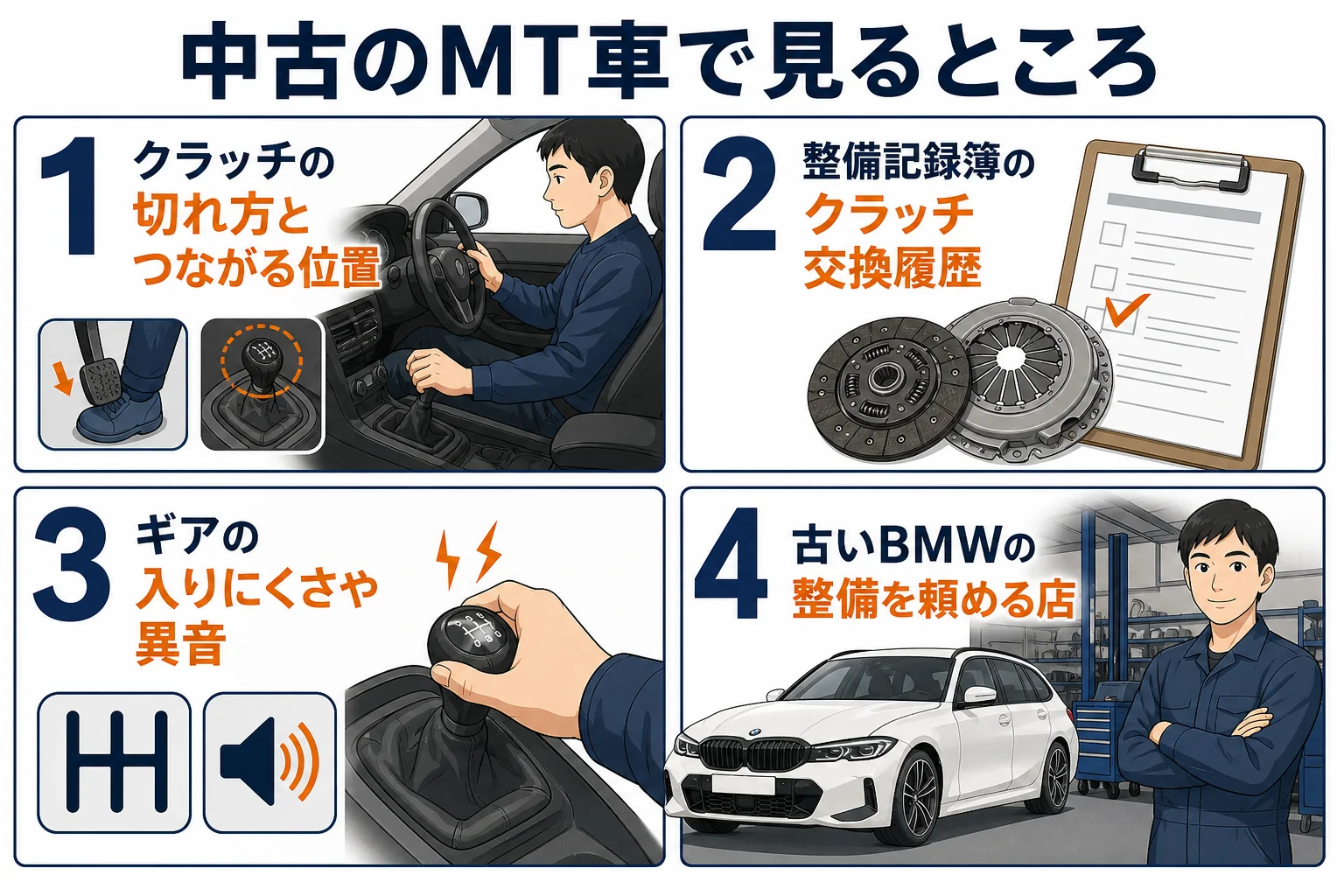 中古のMT車を選ぶ時の確認項目をまとめた図解