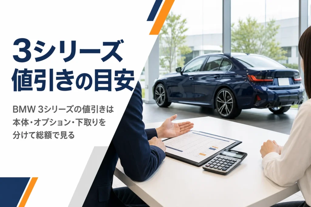 BMW 3シリーズの見積書を前に値引きを確認する商談テーブル