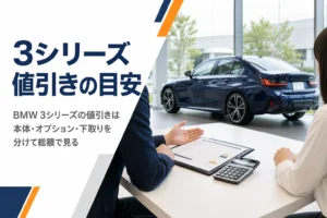 BMW 3シリーズの見積書を前に値引きを確認する商談テーブル