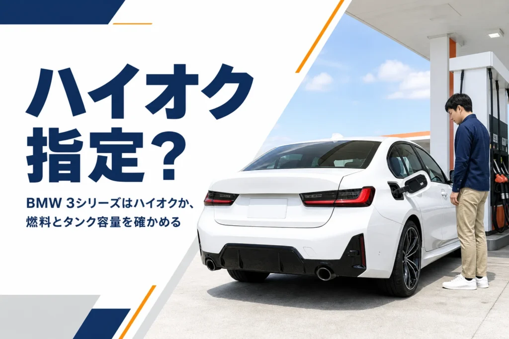 ガソリンスタンドで給油中の白いスポーツセダン