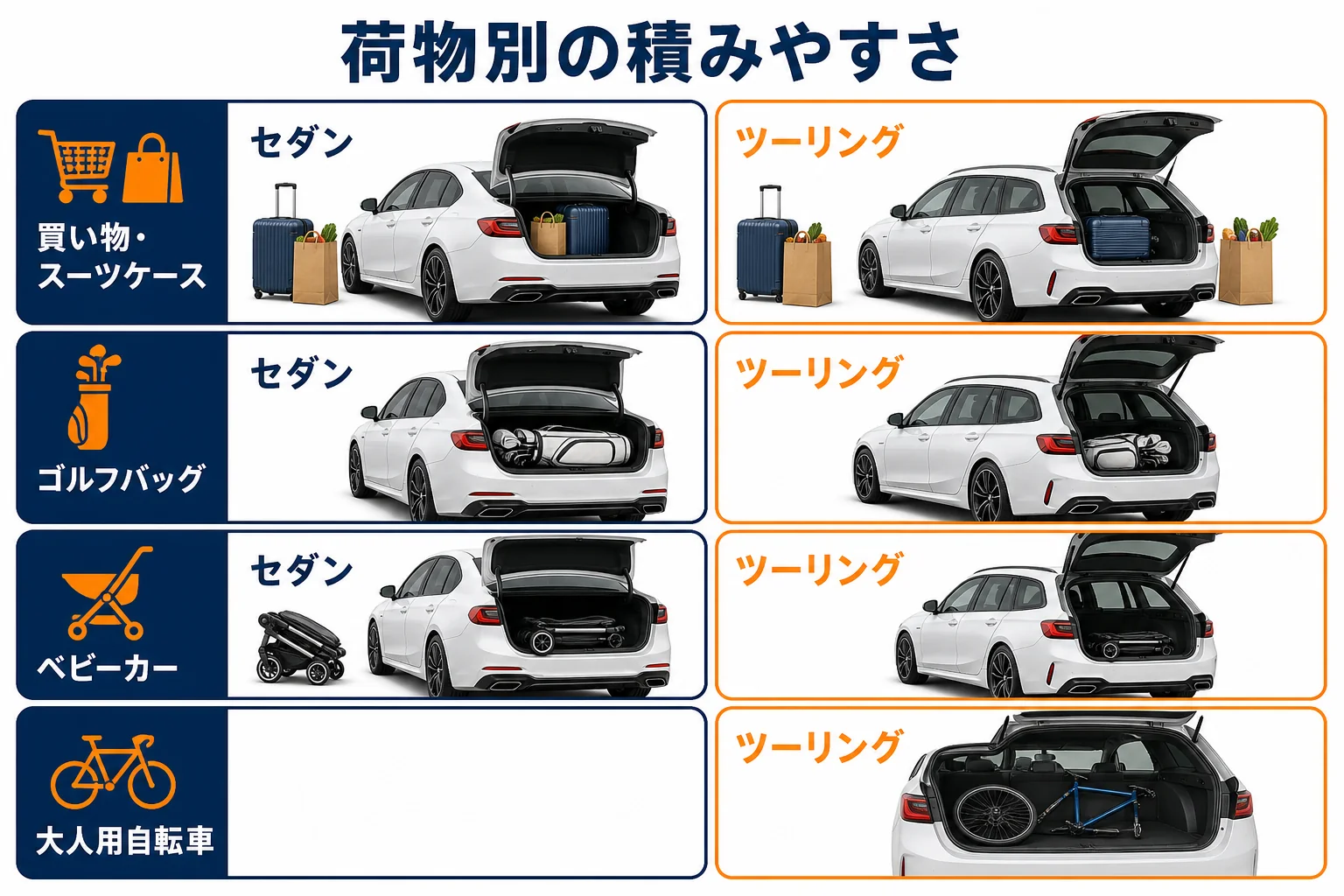 荷物の種類ごとにセダンとツーリングの積みやすさを比べた図解