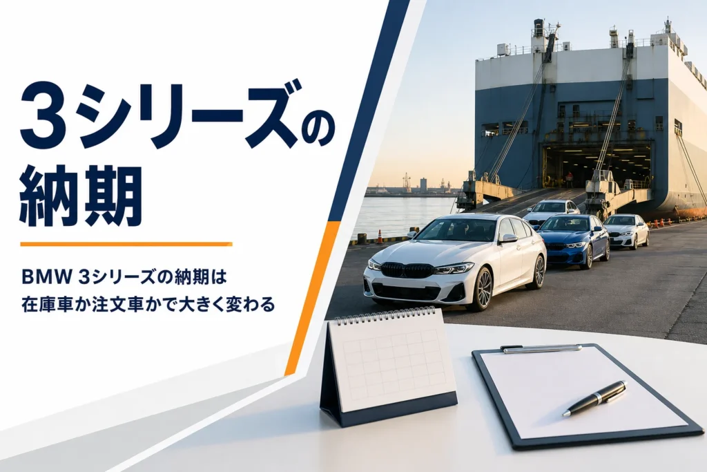 港に到着した輸入車のセダンと納車日を書き込むカレンダー