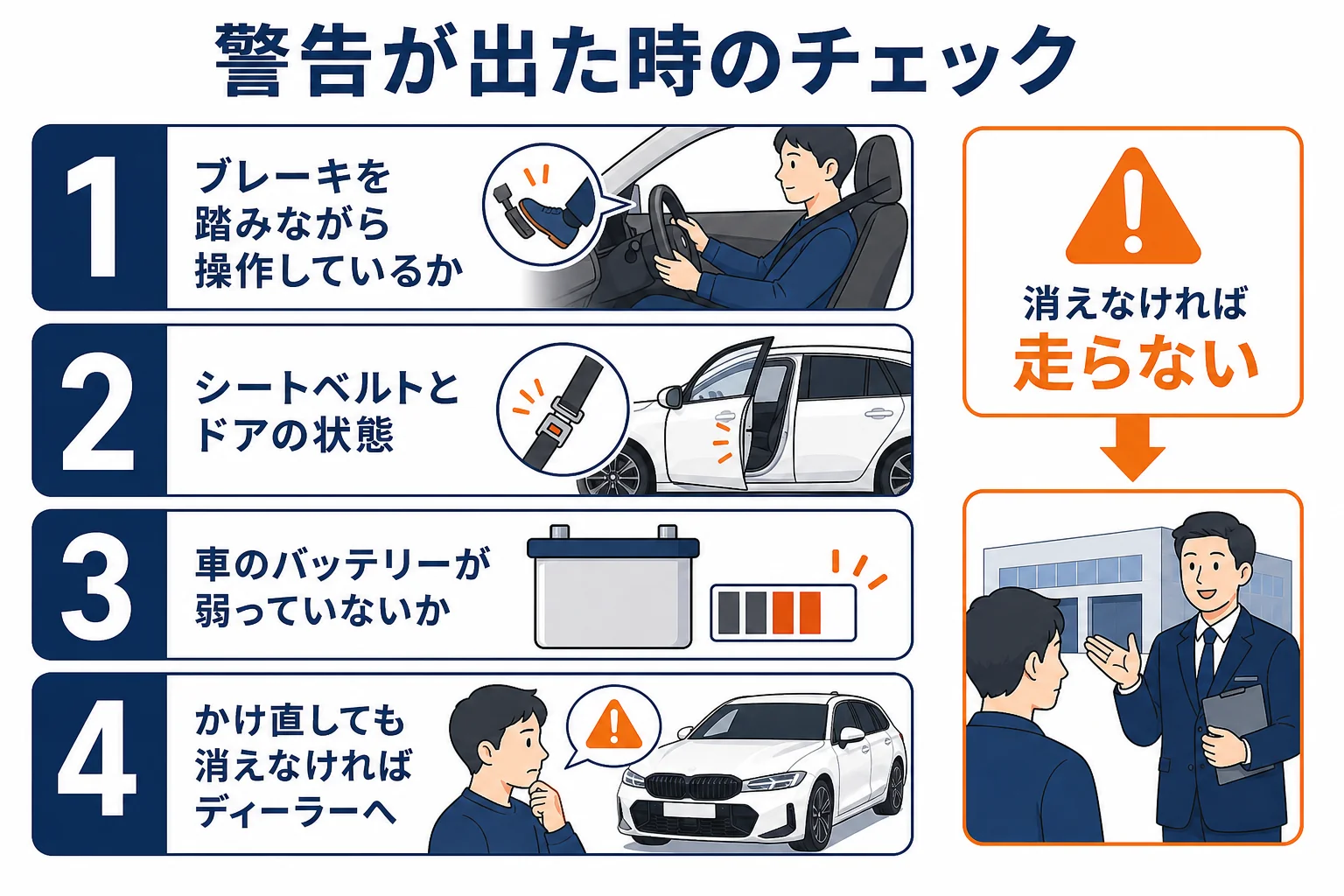 パーキング・ブレーキの警告が出た時に確かめることをまとめた図解