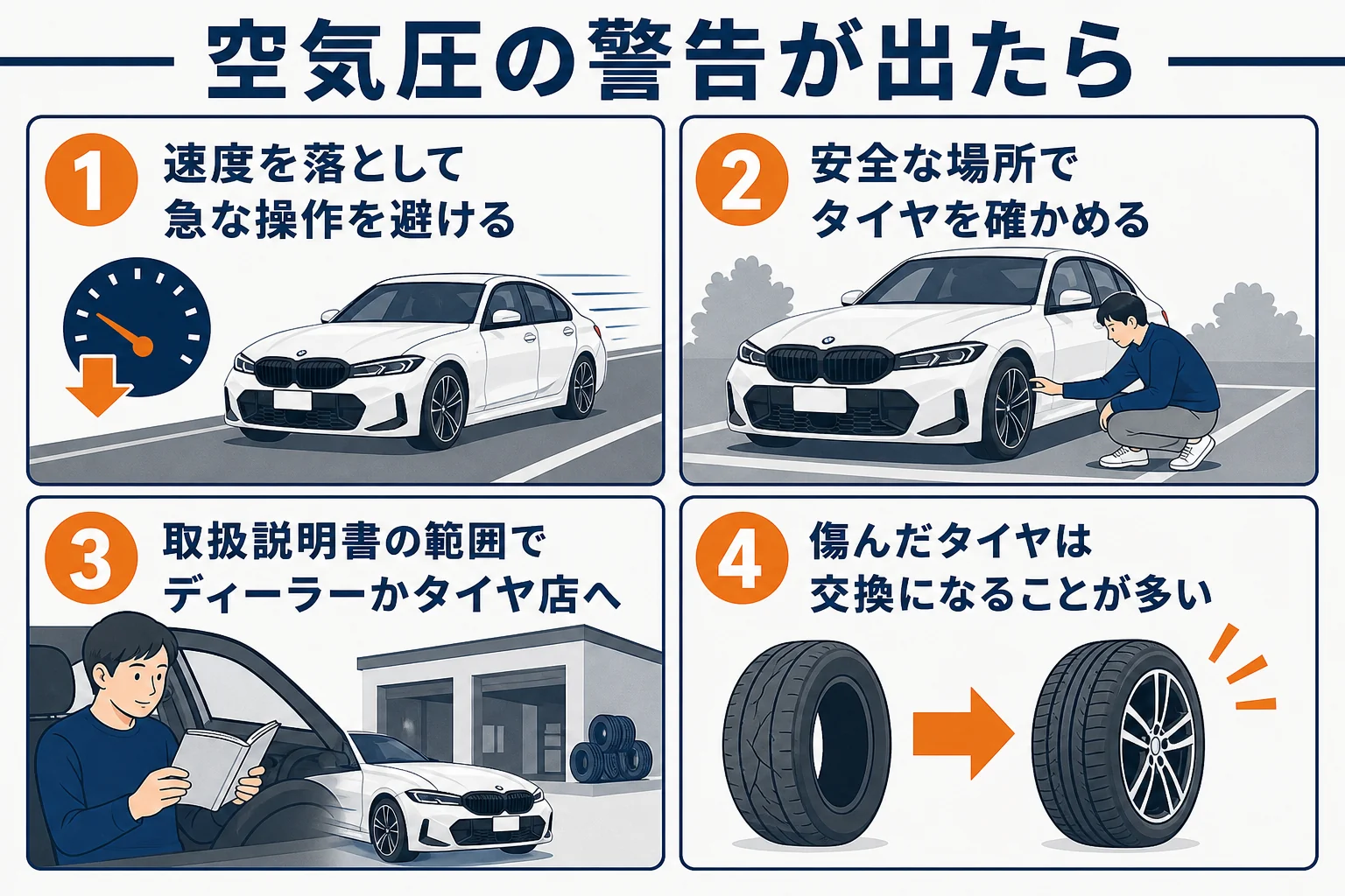 空気圧の警告が出た時の対応を4段階で示した図解
