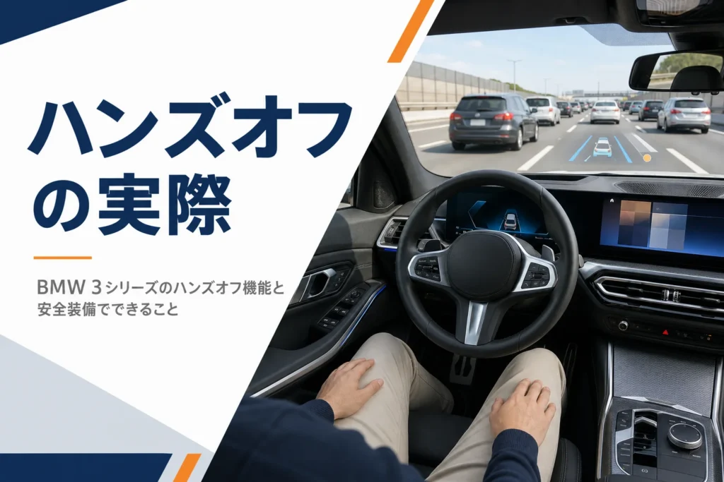 渋滞中の高速道路を車内から写した3シリーズのハンズオフ機能解説記事のアイキャッチ