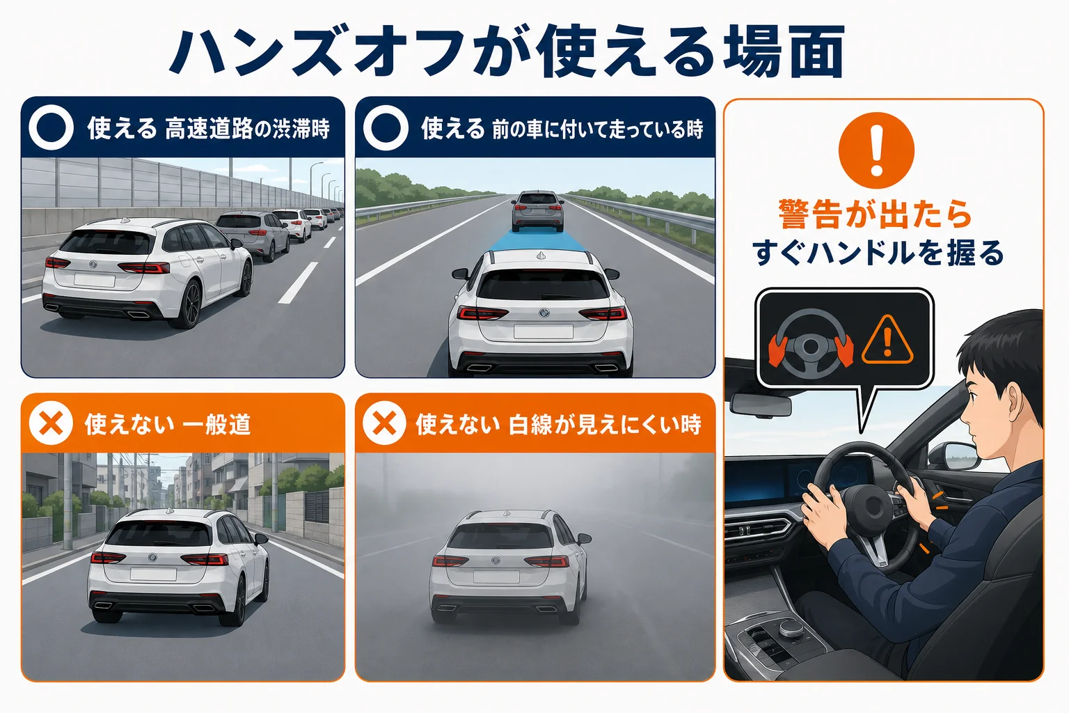 ハンズオフが使える条件と使えない場面を示した図