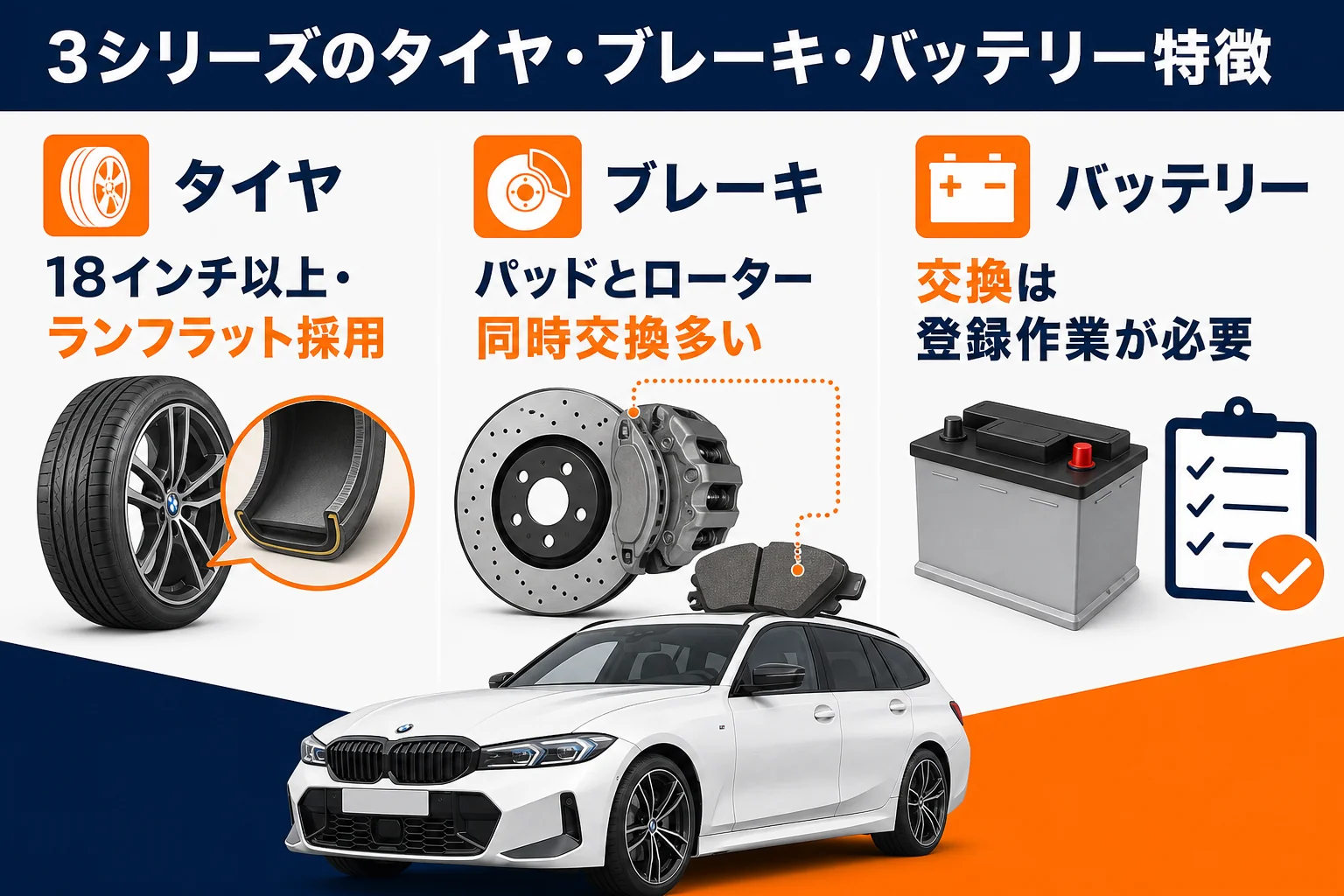BMW 3シリーズのタイヤ・ブレーキ・バッテリーの特徴と交換時の注意点をまとめた図解