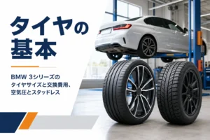 タイヤ店に並ぶ夏タイヤとスタッドレスを写した、3シリーズのタイヤ解説記事のアイキャッチ