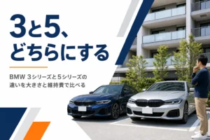 マンションの駐車場に並ぶ大きさの違う2台のセダン