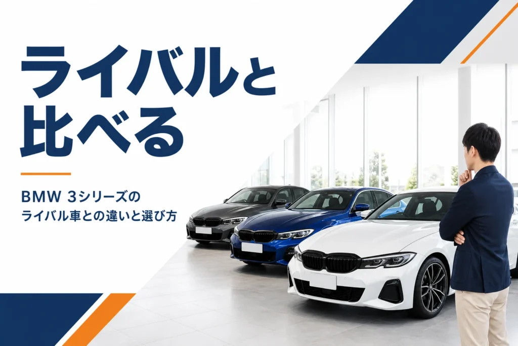 明るい空間に並ぶ色違いの中型セダン3台