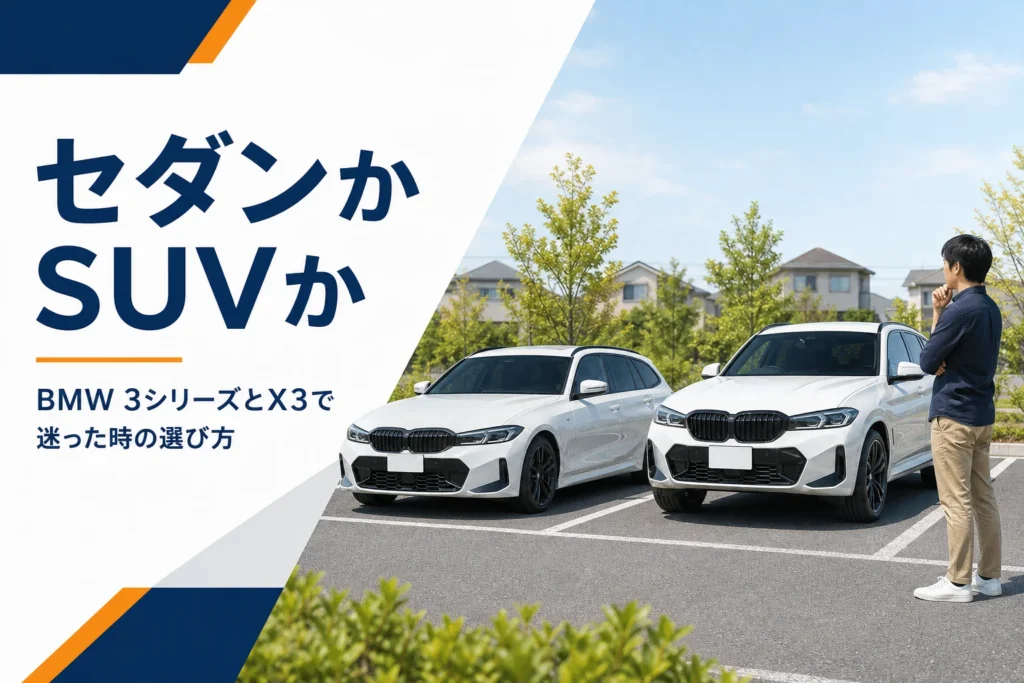 郊外の駐車場に並ぶステーションワゴンとSUV