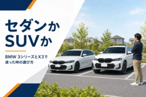 郊外の駐車場に並ぶステーションワゴンとSUV
