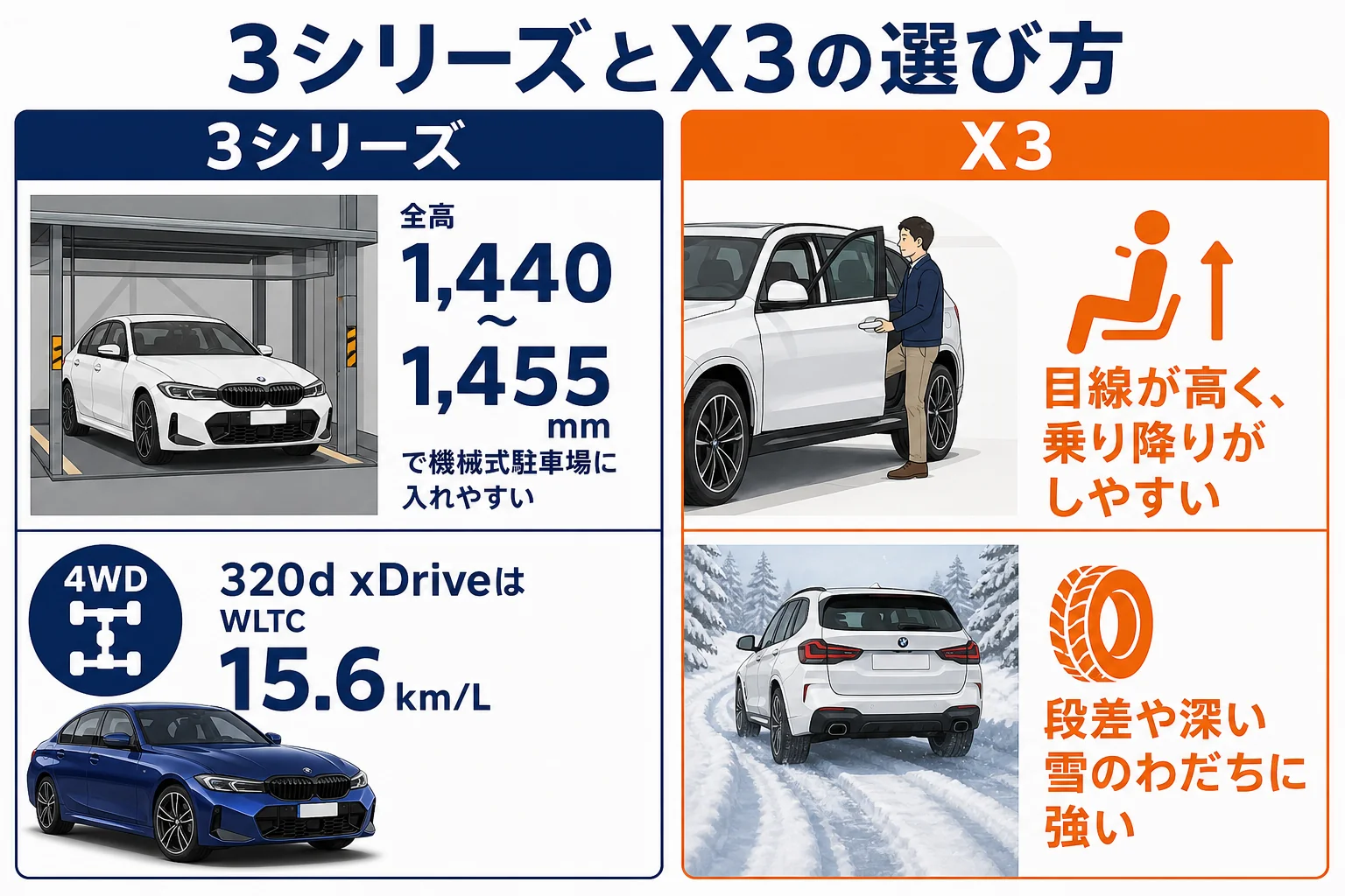 3シリーズとX3の選び方の違いを示した図解