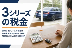 自動車税の通知書と電卓と車のキーが置かれたテーブル
